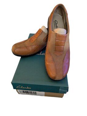 Clarks Bendables Womens Size 9 Brown Leather & Suede Slip-On Shoes With Box
